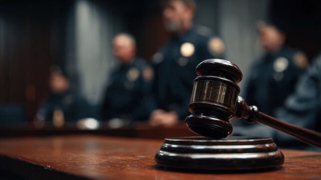 Courtroom with a gavel on a wooden desk and police officers standing in the background during a legal proceeding