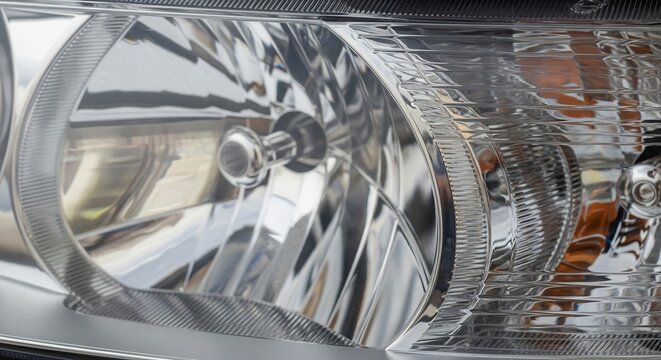 Closeup of a shiny car headlight showcasing intricate details and reflections.