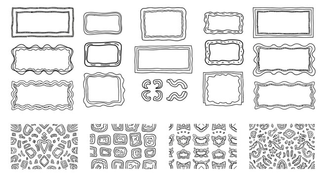 Hand-drawn decorative frames and patterns vector illustrations, isolated on white background