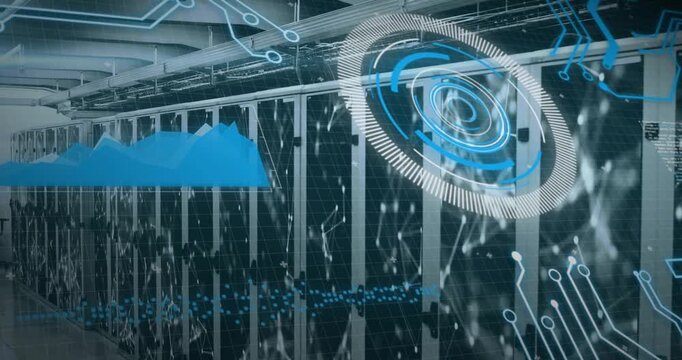 HUD appearing over servers starting rotating scan, pulsing rings, waveform shifting for monitoring