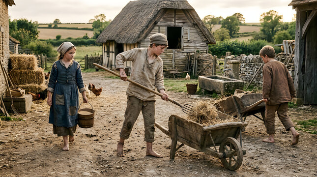 Farmer and his grandson working with a couple on a farm garden field using a wheelbarrow in summer surrounded by grass, nature, agriculture, water and outdoor work family scene