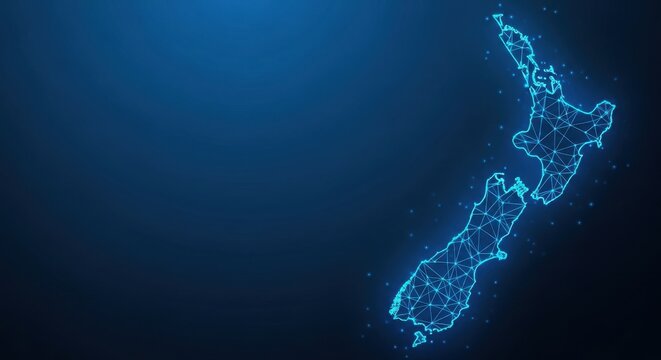 Glow Digital Network Map of New Zealand with Connected Points and Lines on a Dark Blue Background