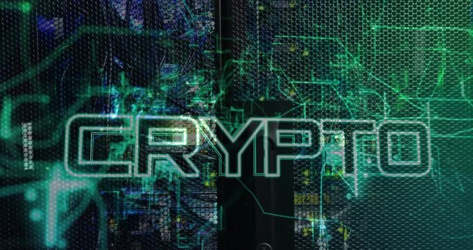 Green circuit overlay sweeping right, initiating CRYPTO fading showing neon title over grille