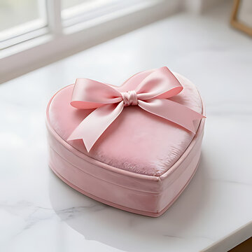 A luxurious gift jewelry box in the shape of a heart, made of soft pink velvet with a satin ribbon bow, standing alone on a pristine white marble surface, soft natural window light creating gentle sha