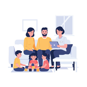 Family therapy session with parents and children interacting with therapist.