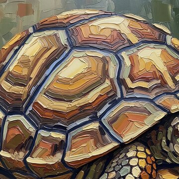 A textured close-up painting of tortoise scutes, showing intricate patterns and thick brushstrokes in warm brown and ochre tones