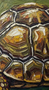 Close-up view of the plates on a turtle shell, rendered with thick oil paint to emphasize the organic structure and patterns