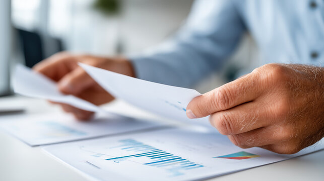 Close-up of two hands (faceless) comparing two financial documents with abstract graphs on a clean white desk, Mid-Year Performance concept, sharp focus on the paper edges and skin