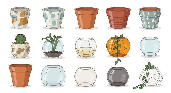 Variety of empty plant flower pots.