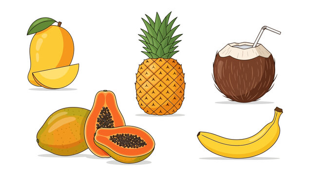 Tropical fruits including pineapple and papaya.
