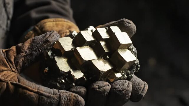 Hands holding a large pyrite mineral cluster