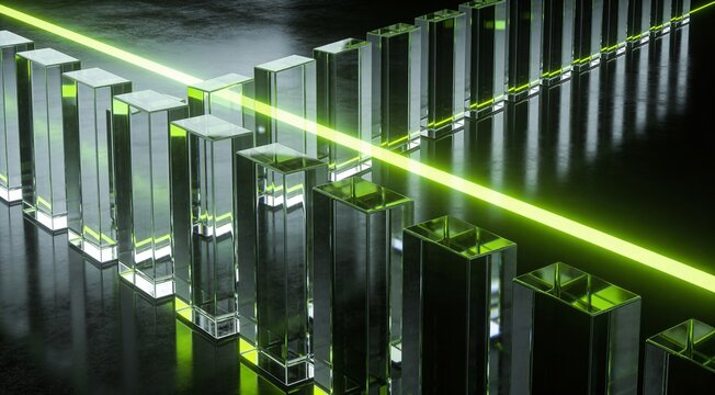 Conceptual B2B visualization of ESG supply chain transparency and secure data traceability using green laser flow and glass monoliths