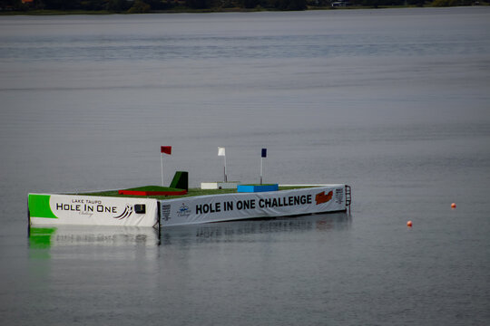 Lake Taupo, New Zealand - Mar 10, 2026: A floating pontoon for the Lake Taupō Hole in One Challenge. Editorial Use Only.
