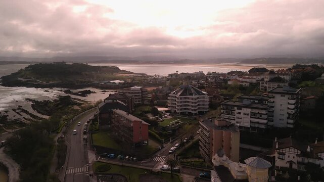 Aerial view of the Northern Coast of Spain in Santander City by sunset