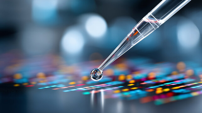 Aesthetic flatlay of a pipette tip with a drop of liquid over a DNA microarray chip with colorful abstract spots, Genomics concept, sharp focus on the liquid transparency and chip