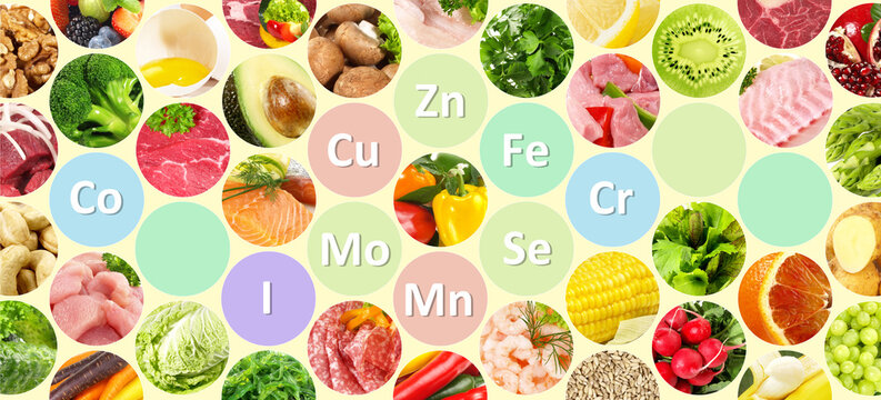 Essential trace elements of the human body include zinc (Zn), copper (Cu), selenium (Se), chromium (Cr), cobalt (Co), iodine (I), manganese (Mn), and molybdenum (Mo) isolated - Panorama