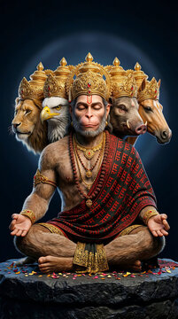 Panchamukhi Hanuman meditating, a multi-headed deity with monkey, lion, eagle, boar, and horse heads, adorned with traditional jewelry and a red cloth, seated on a rock.