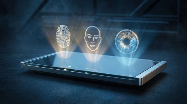 A futuristic glass tablet projects bright holographic icons representing biometric security authentication methods including a fingerprint scan, a human face silhouette, and a detailed iris eye scan.