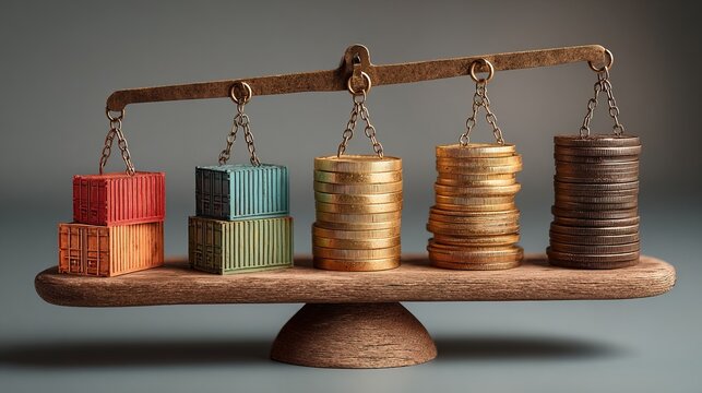 Conceptual Shipping Container and Coin Stack Balance Scale on Wooden Platform