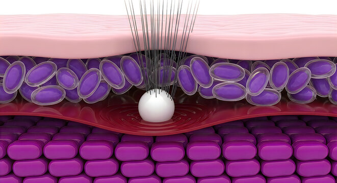 Detailed 3d illustration of skin layers with hair follicle and purple cells