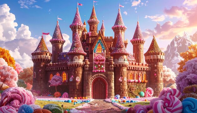 Fantasy candy castle with colorful gumdrop decorations sits amid a sugary landscape under a bright blue sky