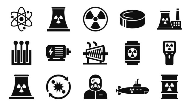 Premium Nuclear Energy and Radiation Solid Icon Set. Essential atomic power, reactor infrastructure, and safety vector symbols for UI design and tech infographics.