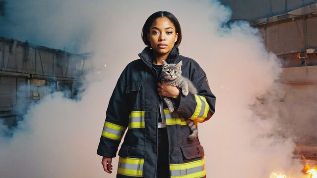 Female firefighter holding rescued cat in smoky disaster scene with fire in background and emotional rescue concept