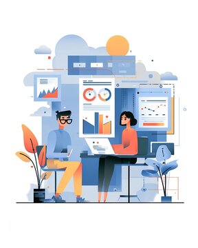 Flat vector illustration of two colleagues reviewing business charts and dashboards at a shared office workspace