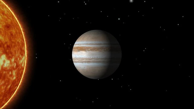 Giant gas planet jupiter orbits fiery sun in deep space with distant stars. Giant gas planet orbit concept for cosmic visuals. Giant gas planet orbit atmospheric movement space simulation.