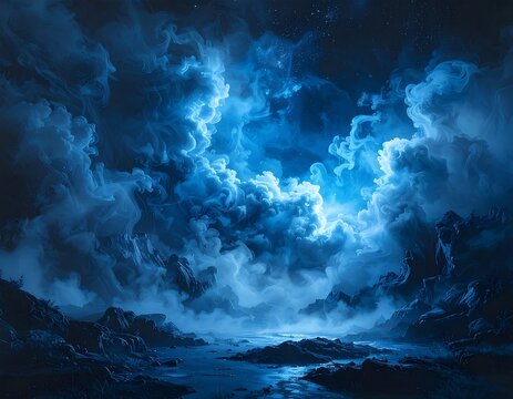 Ethereal blue clouds swirl above a dark, rocky terrain near a body of water, creating a mystical landscape
