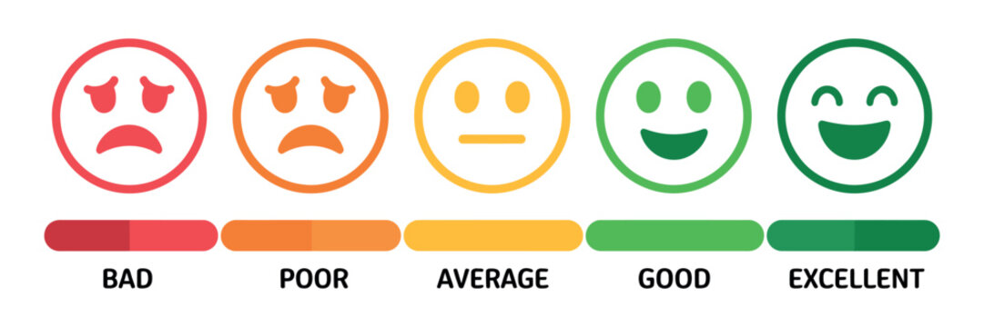 Feedback rating emoji icon vector set with progress bar showing bad, poor, average, good, and excellent ratings for user interface and survey design