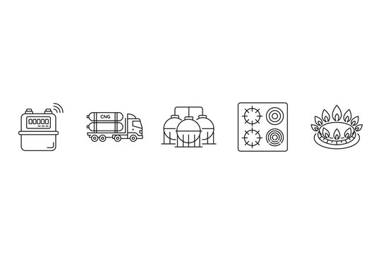 Industrial gas supply and household energy equipment line icon vector illustration featuring smart meter cng truck storage tanks and stove.