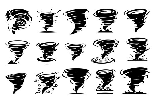 Furious Tornado Solid Icon Set, Storm Cyclone Symbols, Simple Shape Vector Pack