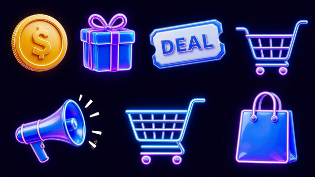 Digital Marketing & E-commerce Icons Deal, Gift, Coin, Shopping Cart, Megaphone & Bag