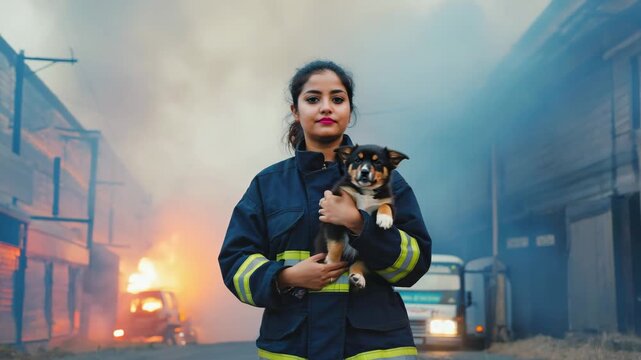 Female firefighter holding rescued puppy in burning street scene with fire and smoke in background