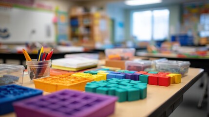 Fototapeta premium Clear view of a math workshop table featuring bright colored fraction tiles in focus with geometry station materials softly out of focus nearby.