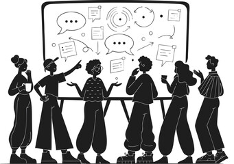 Obraz premium Creative office brainstorming meeting silhouette team discussing ideas whiteboard planning collaboration innovation concept minimal vector professional corporate illustration design