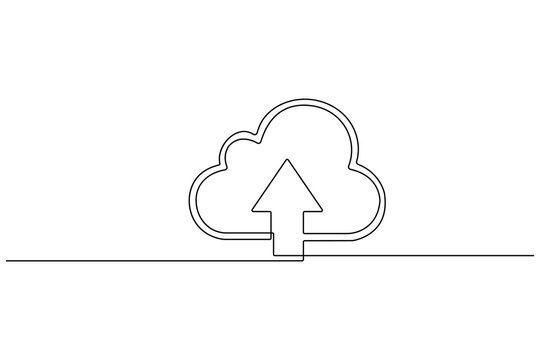 Cloud storage upload icon with an upward arrow in continuous one line art style