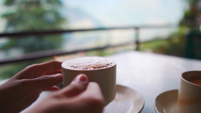 Closeup shot of girl hand holding coffee cup in outdoor cafe at Naggar, Himachal Pradesh, India. Morning coffee in mountains.