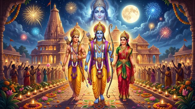 Ram Navami divine illustration showing Lord Rama with Sita and Lakshman near sacred temple under moonlight expressing Hindu festival faith devotion culture and .
