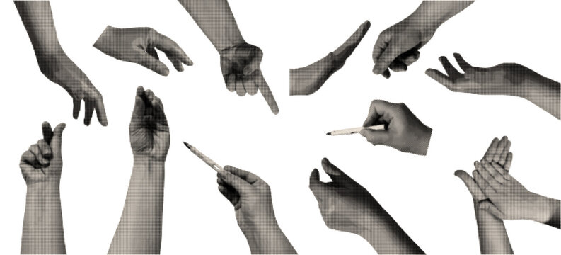 Set of hands with halftone effect. Paper clipping shapes, cut out. Modern retro vector illustration on transparent.