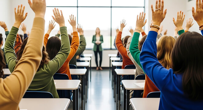 A classroom full of students raising their hands with a teacher standing in front of them, back to school, copy space
