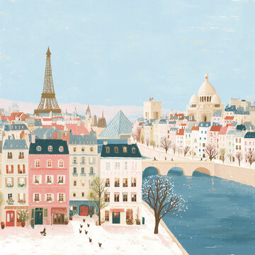 An oil painting of the snow-covered streets of Paris in winter / 雪が積もる冬のパリの街並みの油彩イラスト