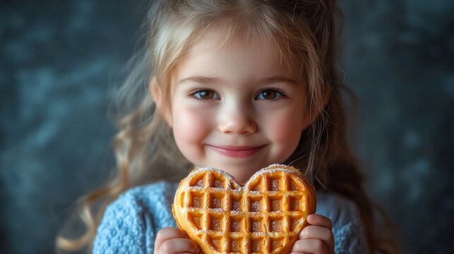 A little girl happily holds a heart-shaped waffle, conveying a sense of tenderness and creating an inspiring backdrop for children&rsquo;s treats.