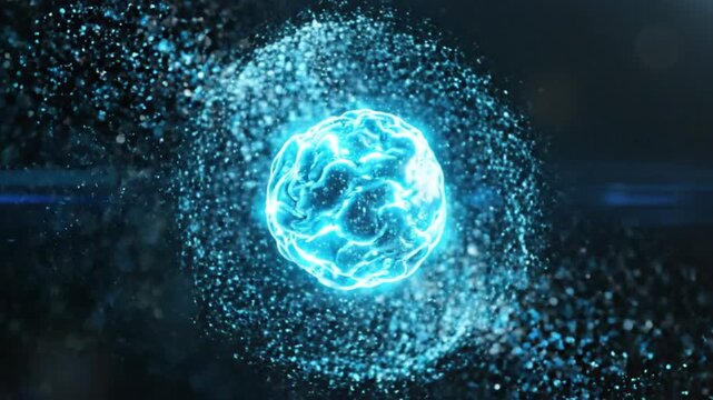 A cinematic animation of a luminous blue energy sphere or plasma core pulsating in a dark void. The central orb is surrounded by a swirling cloud of shimmering quantum particles and digital dust. This