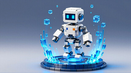 Naklejka premium Adorable Lego-style robot emerging from digital cubes on a platform