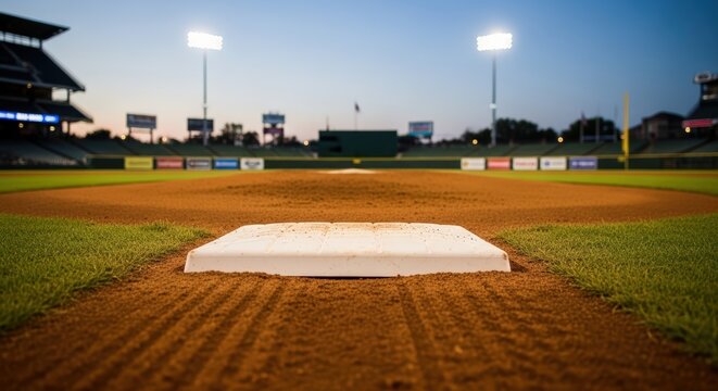 Baseball Field First Base At Dusk With Stadium Lights And Green Grass In The Distance