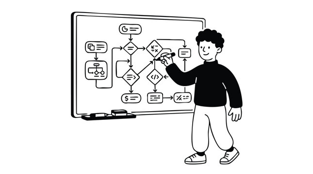Man drawing a complex flowchart on a whiteboard.