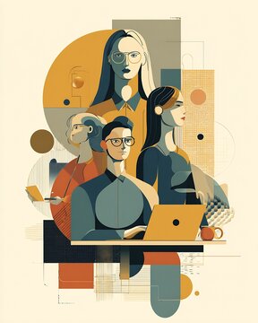 Editorial illustration of professionals working with a laptop, tablet and coffee amid geometric shapes