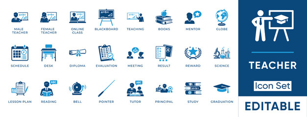 Teacher icon set. Containing online class, blackboard, books, mentor, diploma, schedule, reading, graduation and more. Solid vector icons collection. © MS -Studio